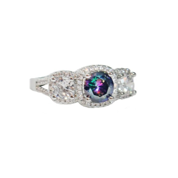 Halo Solitaire Mystic Topaz Rainbow & Cubic Zirconia Cushion-cut Ring size 9 - Picture 2 of 6